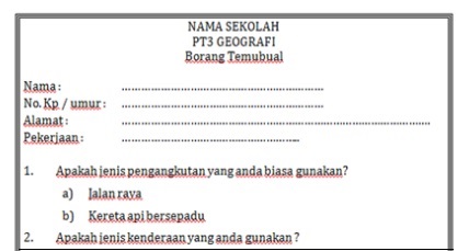 Borang Temubual Pengangkutan: Tugasan Geografi PT3 2016 