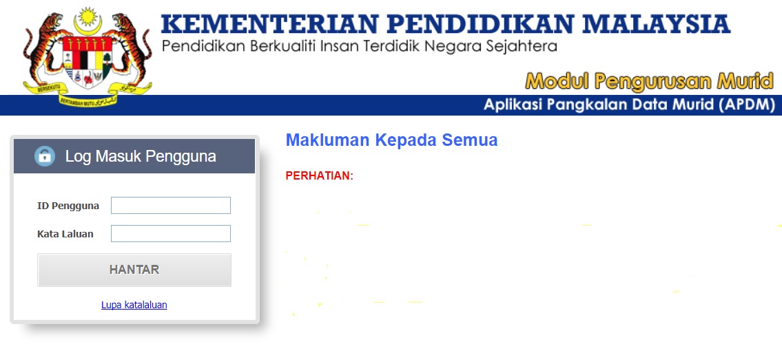 Login Pengguna bagi APDM: Sistem Aplikasi Pangkalan Data 