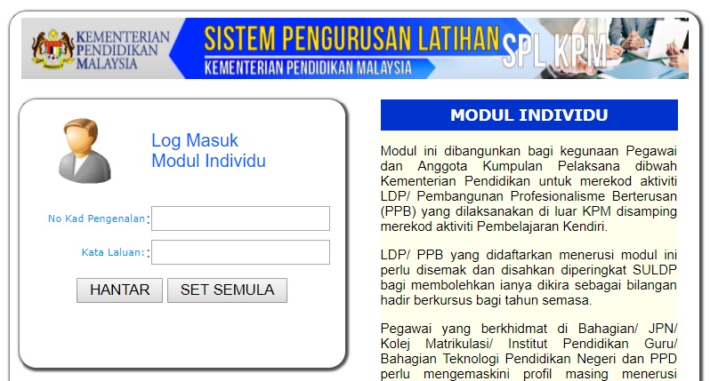 Login Pengguna bagi SPLG Modul Individu Melalui Portal 